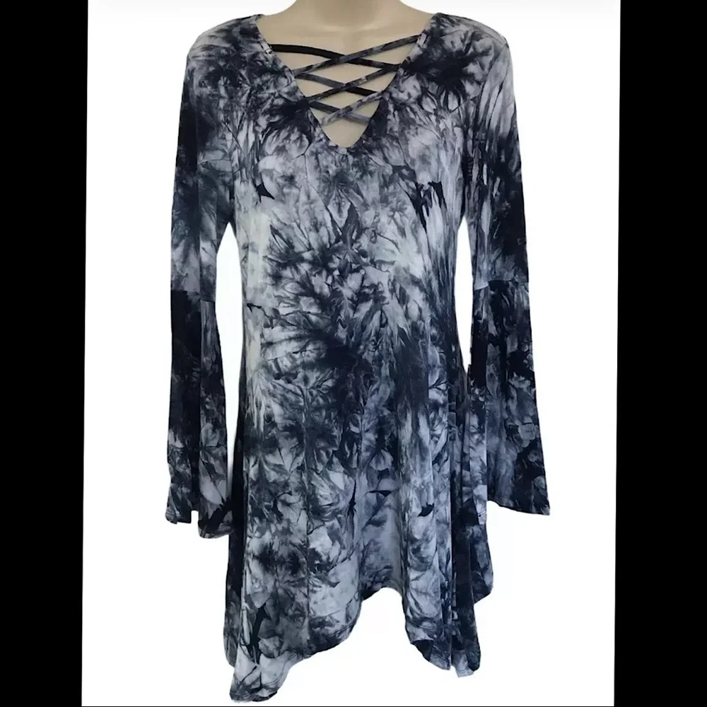 Hazel Blue Tie Dye Lace Up Front Shark Hem Tunic